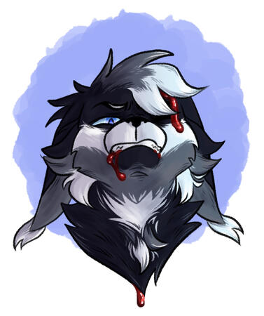 shaded headshot of an angry cat with multicolored markings of grey, white, and black. Blood drips down their head and jaw.