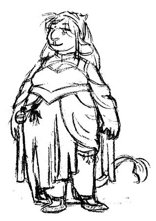 a fullbody sketch of a fat firbolg character in a flowing dress.