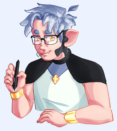 fully shaded bust drawing of birdgarlic, a white vtuber with blue hair holding a tablet pen