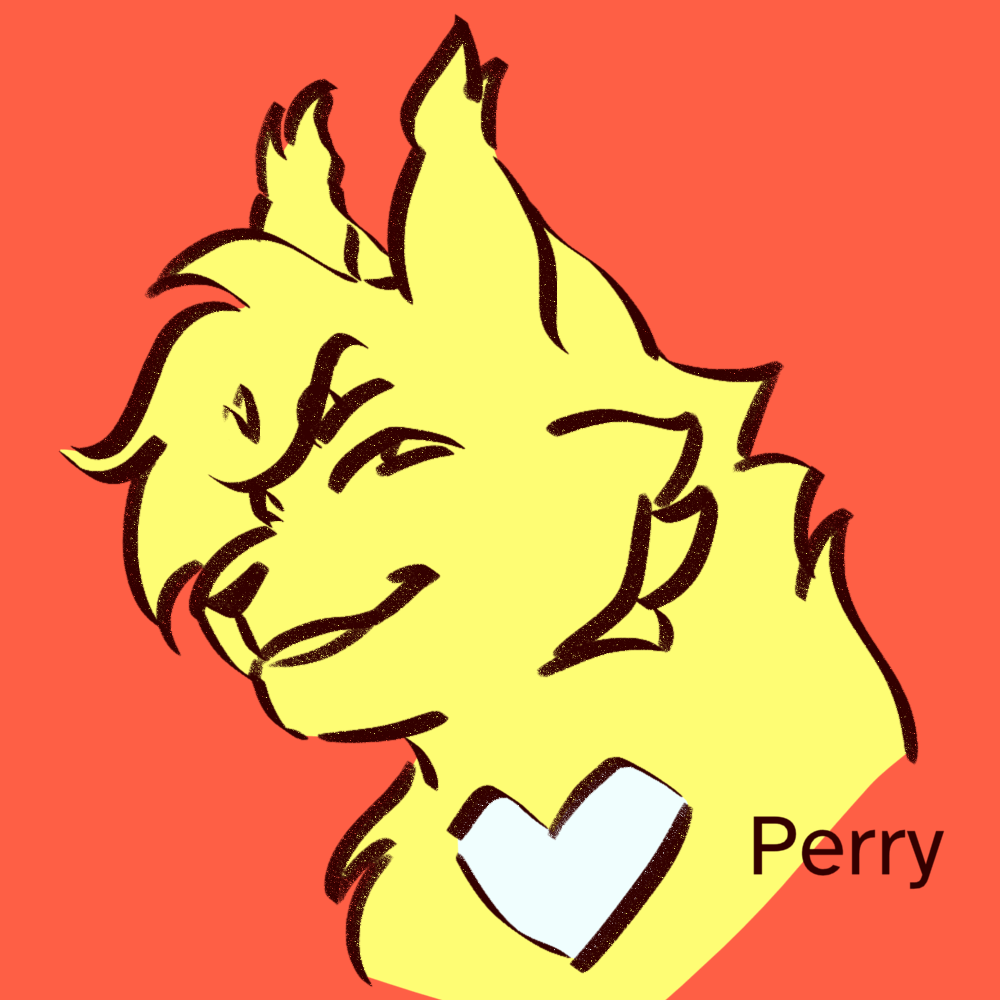 gif of a yellow 2D animated cat character going from a small smile to a large smile, against a bright orange background