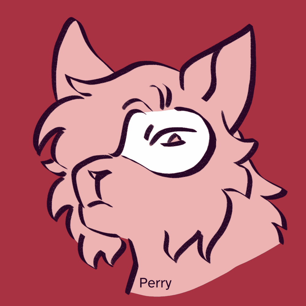 gif of a light red 2D animated cat character going from a neutral expression to a devious smile, against a darker red background