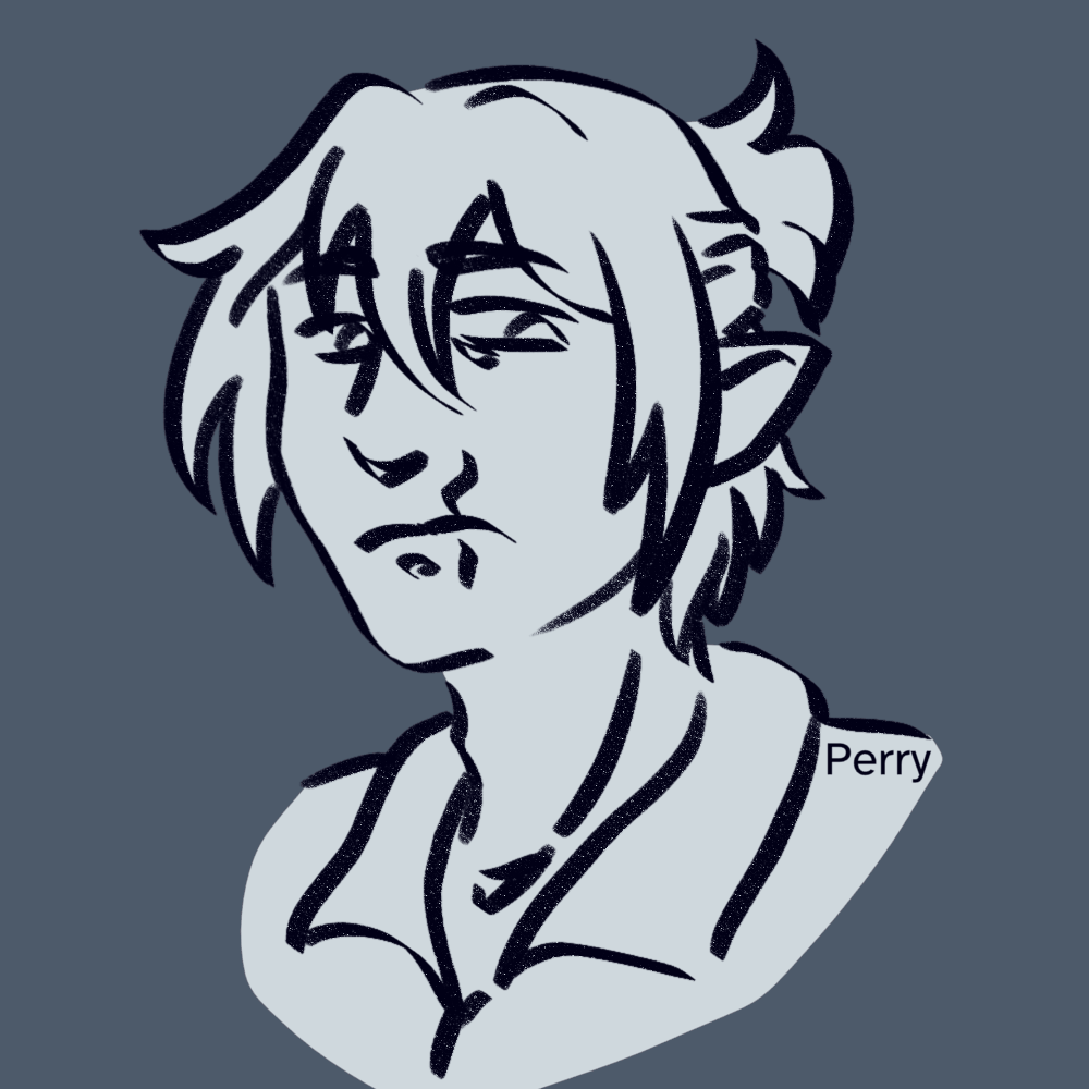 a light blue-grey 2D animated human/elf-like character going from a neutral expression to grimacing, against a darker blue-grey background