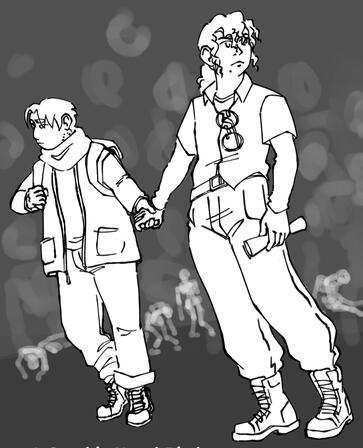 black and white drawing with grey background black and white drawing of two characters holding hands against a grey background with zombie-like shapes