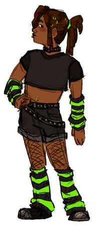 flat color fullbody sketch design of a standing Black person in a black and lime green scene outfit