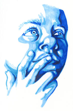 scan of marker piece a face and hand drawn with blue markers on paper
