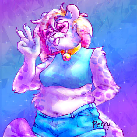 brightly colored Lisa Frank-inspired art of a furry leopard character posing happily