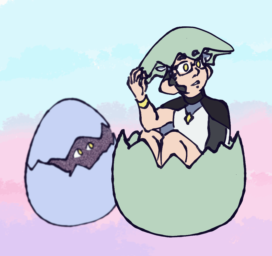 looping gif of an animation. Birdgarlic sits between the top and bottom parts of a light green egg. He gets frightened by eyes in the blue egg behind him, tries to hide under the egg part on his head, then returns to his more neutral starting pose.